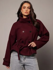 Silquee Women's Vintage Elegant High Neck Button Long Sleeve Jacket - Burgundy - View 8