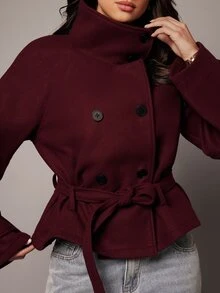 Silquee Women's Vintage Elegant High Neck Button Long Sleeve Jacket - Burgundy - View 5