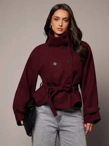 Silquee Women's Vintage Elegant High Neck Button Long Sleeve Jacket - Burgundy - View 3