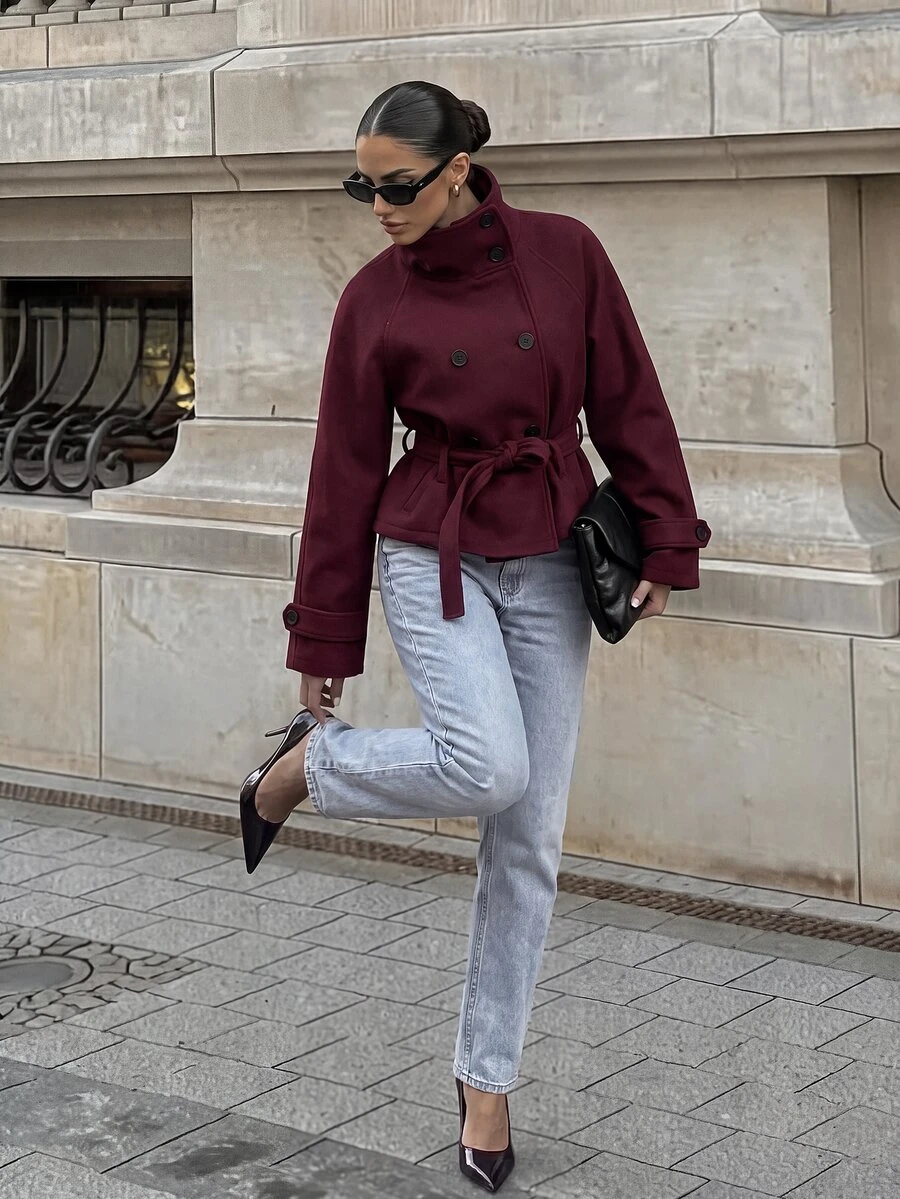 Silquee Women's Vintage Elegant High Neck Button Long Sleeve Jacket - Burgundy - View 1