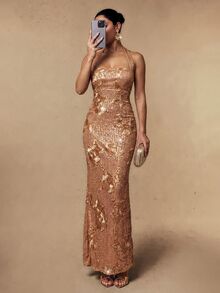 Silquee Women's Jacquard Sequin Fitted Mermaid Hem Halter Neck Elegant Evening Dress Elegant Dresses For Wome Autumn Outfit For Women Elegant Long Dress - Gold - View 7