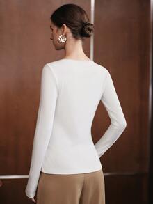Anewsta Early Autumn New Solid Color Ribbed Knit Decorated With Metal Buttons Split Design Elegant Versatile Women's Long Sleeve T-Shirt - White - View 2