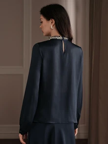 Anewsta Women's Solid Color Faux Pearl Decor Stand Collar Long Sleeve Elegant Blouse - Royal Blue - View 7