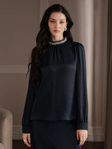Anewsta Women's Solid Color Faux Pearl Decor Stand Collar Long Sleeve Elegant Blouse - Royal Blue - View 5