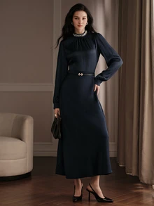 Anewsta Women's Solid Color Faux Pearl Decor Stand Collar Long Sleeve Elegant Blouse - Royal Blue - View 6