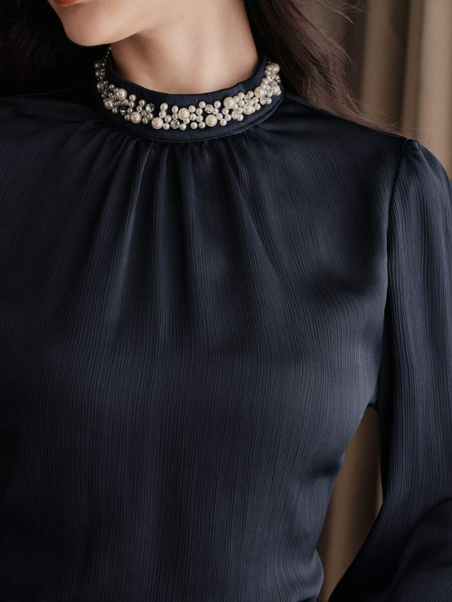 Anewsta Women's Solid Color Faux Pearl Decor Stand Collar Long Sleeve Elegant Blouse - Royal Blue - View 1