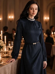 Anewsta Women's Solid Color Faux Pearl Decor Stand Collar Long Sleeve Elegant Blouse - Royal Blue - View 2
