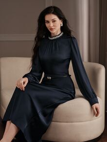 Anewsta Women's Solid Color Faux Pearl Decor Stand Collar Long Sleeve Elegant Blouse - Royal Blue - View 4