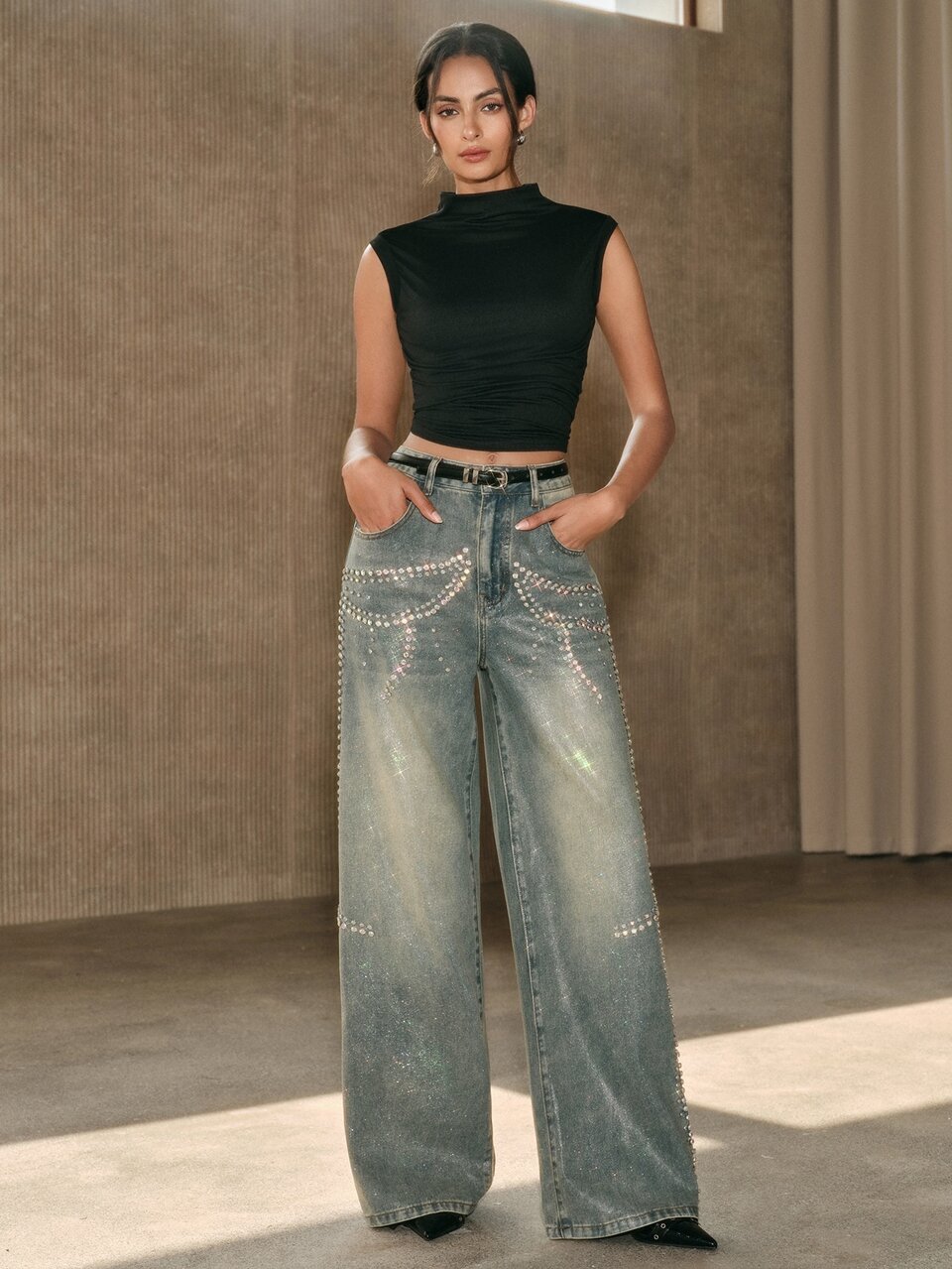 Anewsta New Women's Fashion Vintage Sexy Washed Iridescent Rhinestone Light Blue Straight Leg Jeans Club Night Out Summer