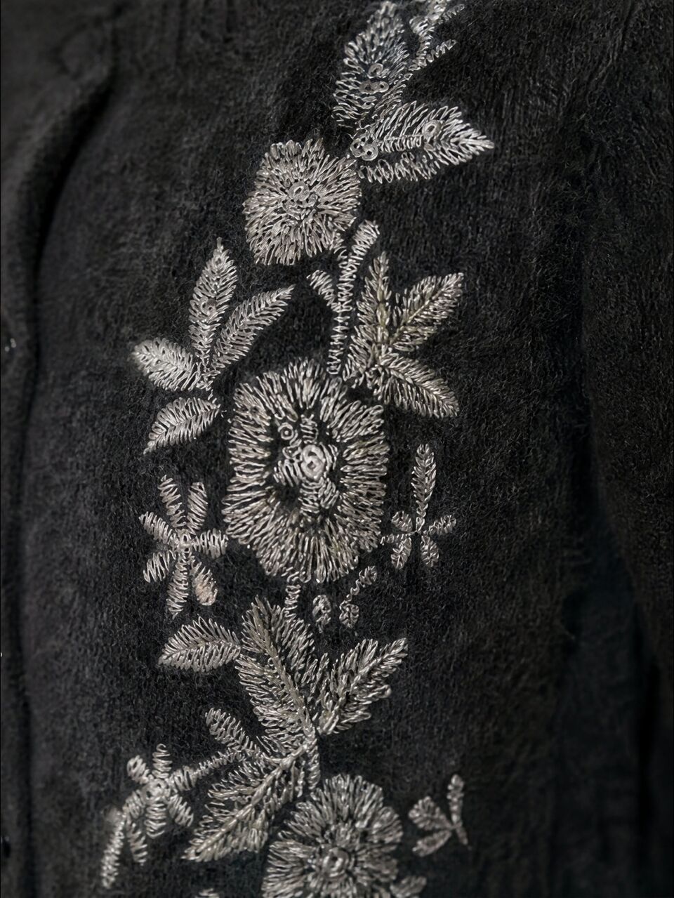 Women's Gray Round Neck Single-Breasted Knit Cardigan With Symmetrical Cream White Rose Flower & Leaf Heavy Embroidery, Soft And Gentle Autumn/Winter Layering Sweater Jacket