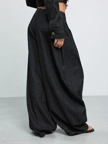 COUREZ Baggy Balloon Jeans In Rinse Wash With Big Button Detail/Y2K Streetwear Denim Pants For Women Summer Club Everyday Going Out Outfits Dark Grey - Black - View 3