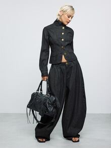 COUREZ Baggy Balloon Jeans In Rinse Wash With Big Button Detail/Y2K Streetwear Denim Pants For Women Summer Club Everyday Going Out Outfits Dark Grey - Black - View 4