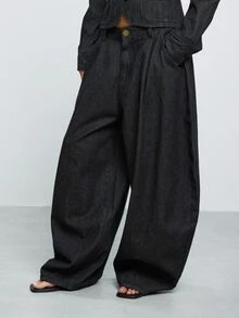 COUREZ Baggy Balloon Jeans In Rinse Wash With Big Button Detail/Y2K Streetwear Denim Pants For Women Summer Club Everyday Going Out Outfits Dark Grey - Black - View 6