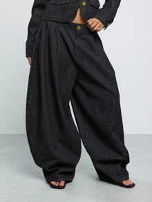 COUREZ Baggy Balloon Jeans In Rinse Wash With Big Button Detail/Y2K Streetwear Denim Pants For Women Summer Club Everyday Going Out Outfits Dark Grey - Black - View 2