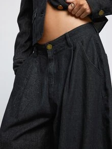 COUREZ Baggy Balloon Jeans In Rinse Wash With Big Button Detail/Y2K Streetwear Denim Pants For Women Summer Club Everyday Going Out Outfits Dark Grey - Black - View 7
