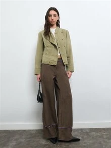 Nöista Military Green Jacket With Double Breasted Buttons. Fall Winter, Casual, Commuting, Going Out. - Green - View 1