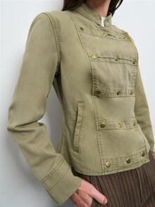 Nöista Military Green Jacket With Double Breasted Buttons. Fall Winter, Casual, Commuting, Going Out. - Green - View 2