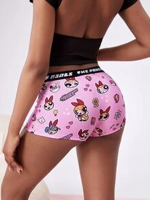 THE POWERPUFF GIRLS X SHEIN Shorts Casuais Femininos com Estampa de Desenho Animado e Cós com Letras - Multicolorido - Visão 2