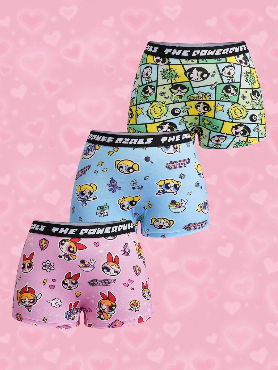 THE POWERPUFF GIRLS X SHEIN Shorts Casuais Femininos com Estampa de Desenho Animado e Cós com Letras - Multicolorido - Visão 1