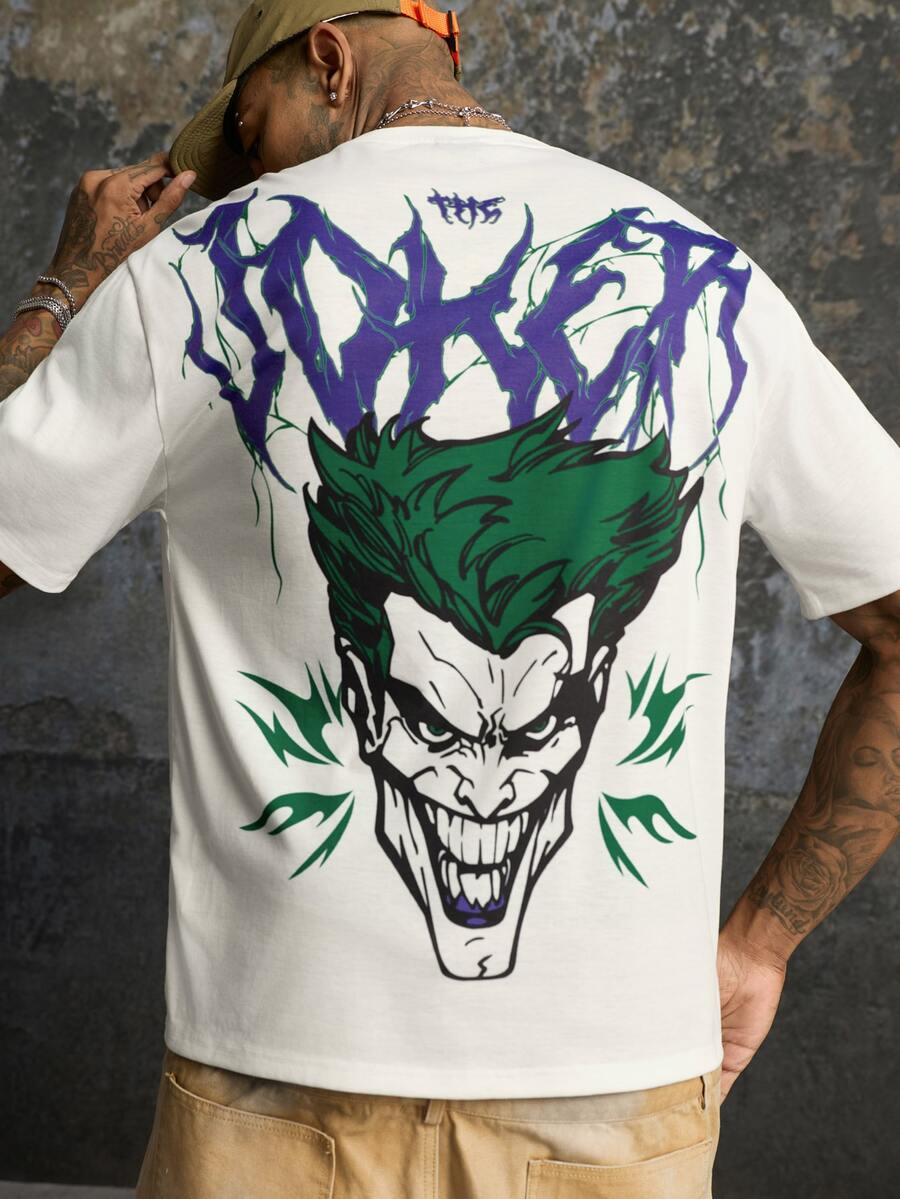 JOKER X SHEIN تي شيرت رجالي بأكمام قصيرة مع طباعة رسوم كرتونية على الظهر - أبيض - مشاهدة 1
