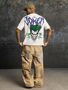 JOKER X SHEIN تي شيرت رجالي بأكمام قصيرة مع طباعة رسوم كرتونية على الظهر - أبيض - مشاهدة 5