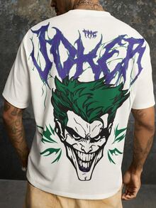 JOKER X SHEIN تي شيرت رجالي بأكمام قصيرة مع طباعة رسوم كرتونية على الظهر - أبيض - مشاهدة 8