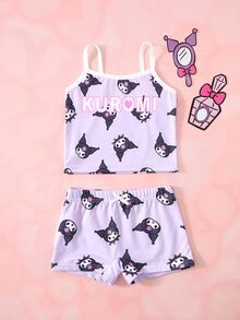 HELLO KITTY AND FRIENDS | SHEIN Set Pakaian Dalam Camisole dan Celana Pendek Motif Kartun untuk Anak Perempuan - Purple - View 1