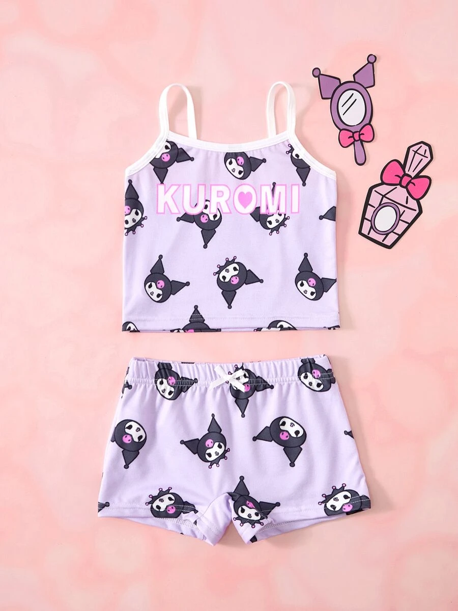 HELLO KITTY AND FRIENDS | SHEIN Set Pakaian Dalam Camisole dan Celana Pendek Motif Kartun untuk Anak Perempuan - Purple - View 1