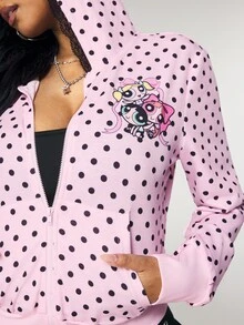 THE POWERPUFF GIRLS X SHEIN كنزة رياضية نسائية بنقشة كرتونية منقطة للاستخدام اليومي العادي - وردي - مشاهدة 9