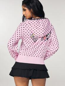 THE POWERPUFF GIRLS X SHEIN كنزة رياضية نسائية بنقشة كرتونية منقطة للاستخدام اليومي العادي - وردي - مشاهدة 3
