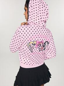 THE POWERPUFF GIRLS X SHEIN كنزة رياضية نسائية بنقشة كرتونية منقطة للاستخدام اليومي العادي - وردي - مشاهدة 1