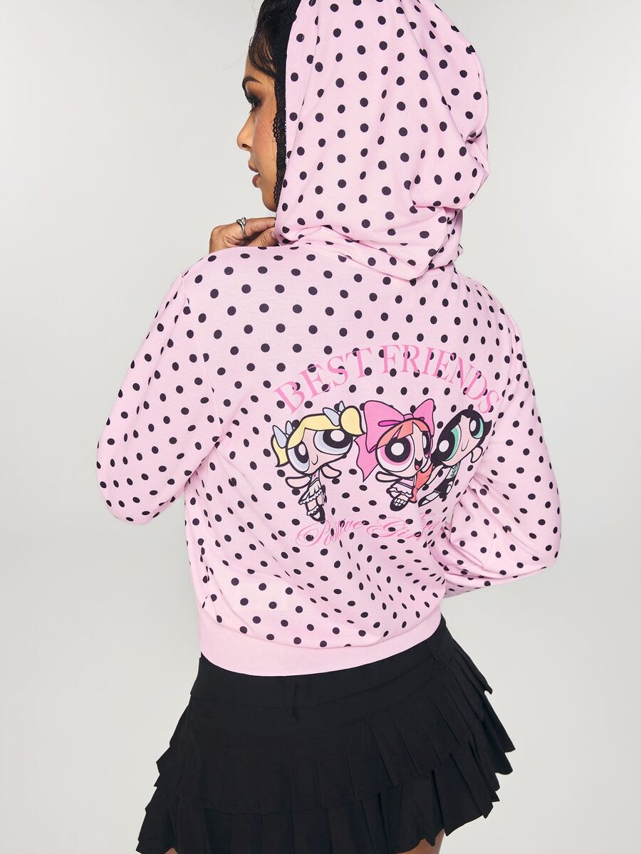 THE POWERPUFF GIRLS X SHEIN كنزة رياضية نسائية بنقشة كرتونية منقطة للاستخدام اليومي العادي - وردي - مشاهدة 1