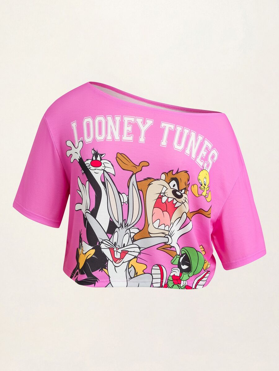LOONEY TUNES X SHEIN Plus Size Street Cartoon Graphic Print Fashion T-Shirt - Pink - View 1