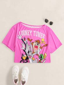 LOONEY TUNES X SHEIN Plus Size Street Cartoon Graphic Print Fashion T-Shirt - Pink - View 3