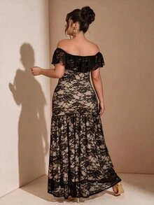Cravure Plus Size Off Shoulder Ruffle Floral Lace Maxi Dress, Sheer Corset High Side Slit Elegant Evening Party Gown - Black - View 2