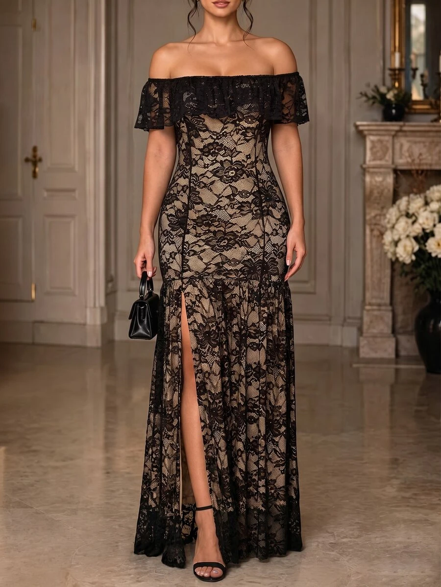 Cravure Plus Size Off Shoulder Ruffle Floral Lace Maxi Dress, Sheer Corset High Side Slit Elegant Evening Party Gown - Black - View 1