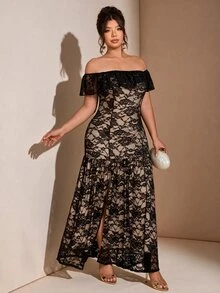 Cravure Plus Size Off Shoulder Ruffle Floral Lace Maxi Dress, Sheer Corset High Side Slit Elegant Evening Party Gown - Black - View 4