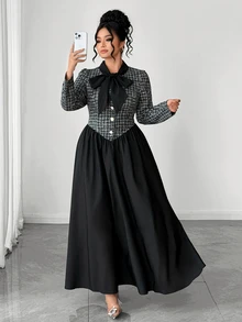 Elenzga Plus Size Women Elegant Bow Long Sleeve Long Dress Autumn/Winter Fall - Black - View 4