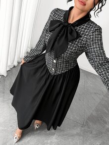 Elenzga Plus Size Women Elegant Bow Long Sleeve Long Dress Autumn/Winter Fall - Black - View 6