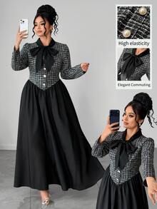 Elenzga Plus Size Women Elegant Bow Long Sleeve Long Dress Autumn/Winter Fall - Black - View 5