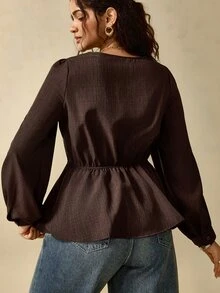 Nubod Blus Lengan Panjang Gaya Prancis Elegan Berkerah Persegi Warna Cokelat Ukuran Besar dengan Hiasan Renda dan Patchwork, Cocok untuk Komuter Kelas Atas. - Coffee Brown - View 5