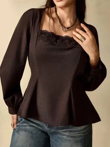 Nubod Blus Lengan Panjang Gaya Prancis Elegan Berkerah Persegi Warna Cokelat Ukuran Besar dengan Hiasan Renda dan Patchwork, Cocok untuk Komuter Kelas Atas. - Coffee Brown - View 4