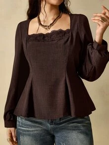 Nubod Blus Lengan Panjang Gaya Prancis Elegan Berkerah Persegi Warna Cokelat Ukuran Besar dengan Hiasan Renda dan Patchwork, Cocok untuk Komuter Kelas Atas. - Coffee Brown - View 3