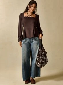 Nubod Blus Lengan Panjang Gaya Prancis Elegan Berkerah Persegi Warna Cokelat Ukuran Besar dengan Hiasan Renda dan Patchwork, Cocok untuk Komuter Kelas Atas. - Coffee Brown - View 2