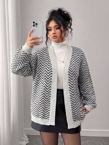 Elenzga 秋冬時尚休閒拼色拼接棋盤格女款長袖寬鬆顯瘦大尺碼開襟衫，外穿上衣，度假、派對適用 - 黑色 - 查看 10