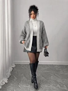 Elenzga 秋冬時尚休閒拼色拼接棋盤格女款長袖寬鬆顯瘦大尺碼開襟衫，外穿上衣，度假、派對適用 - 黑色 - 查看 3