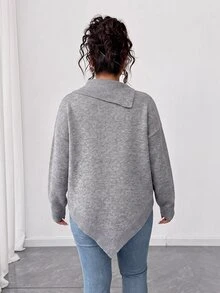 Elenzga Plus Size Gray Bowknot High Neck Sweater Women Asymmetrical Hem Loose Fit Flattering Slimming Lazy Knit Top Winter - Grey - View 2