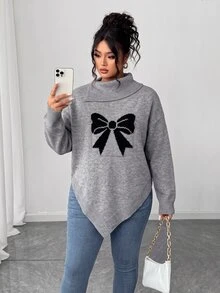 Elenzga Plus Size Gray Bowknot High Neck Sweater Women Asymmetrical Hem Loose Fit Flattering Slimming Lazy Knit Top Winter - Grey - View 4