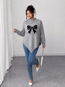 Elenzga Plus Size Gray Bowknot High Neck Sweater Women Asymmetrical Hem Loose Fit Flattering Slimming Lazy Knit Top Winter - Grey - View 3