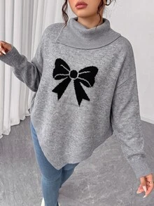 Elenzga Plus Size Gray Bowknot High Neck Sweater Women Asymmetrical Hem Loose Fit Flattering Slimming Lazy Knit Top Winter - Grey - View 1